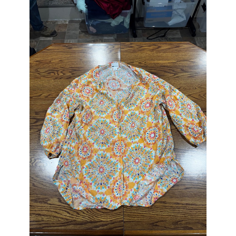 Stylus Womens Orange Mandala Kaleidoscope Print V-Neck 3/4 Sleeve Blouse Small